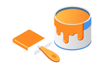 Isometric illustration of an open paint can with orange paint and a paint roller