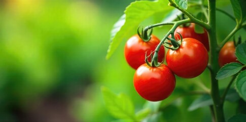 A vibrant, healthy tomato plant laden with ripe red tomatoes and lush green foliage, thriving in a sunny garden bed ,  harvest,  horticulture