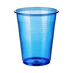 Empty blue transparent plastic cup isolated on white or transparent.