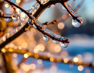 Icy branches with water droplets, sunset glow