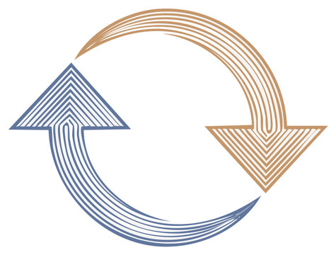 Circular arrows illustrating cyclical flow, featuring an up and down directional movement, crafted with fine parallel lines