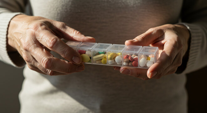 A person's hands hold a clear plastic pill organizer filled with various colorful pills and capsules.