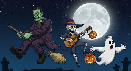 Colorful cartoon Halloween monsters performing playfully beneath oversized moon.