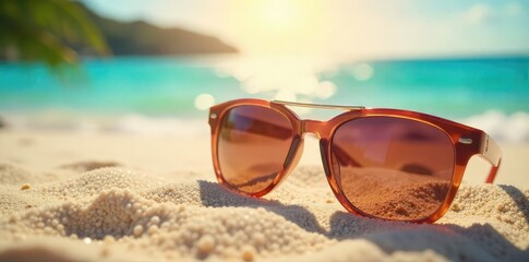 Stylish sunglasses resting on a vibrant summer beach scene, sun reflecting off the lenses Perfect for summer travel, vacation, and holiday promotions , blue, sunglasses style