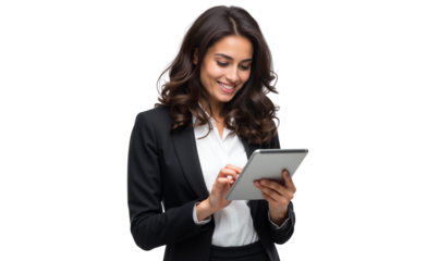 Smiling businesswoman using a digital tablet, dressed in a sleek black suit, isolated on transparent background