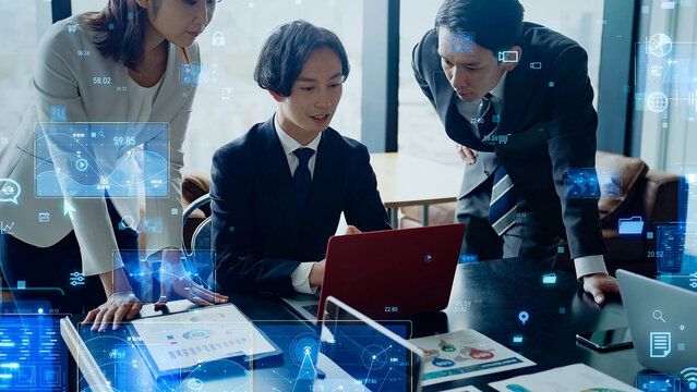 Group of business people meeting with digital technology