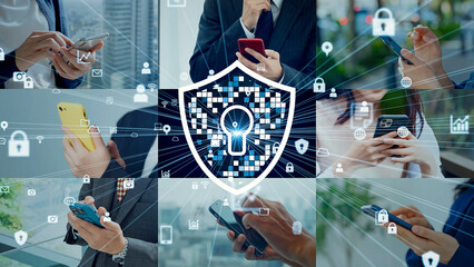 Collage of people using smartphones in various situations and security images