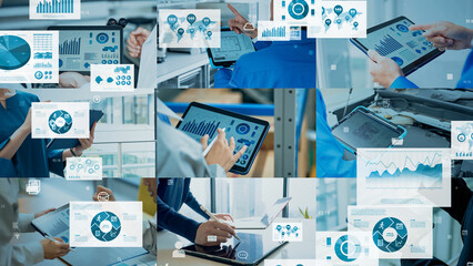Collage footage and digital data of people using tablets in various scenes