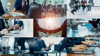 様々なビジネスシーンのコラージュとデジタルテクノロジー