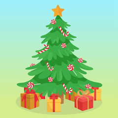Cozy Christmas tree decorated with Christmas red candy Colorful gifts from Santa