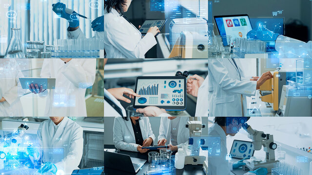 Collage of various research and development scenes and digital technology