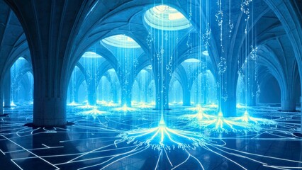 Blue glowing tree architectural art scene