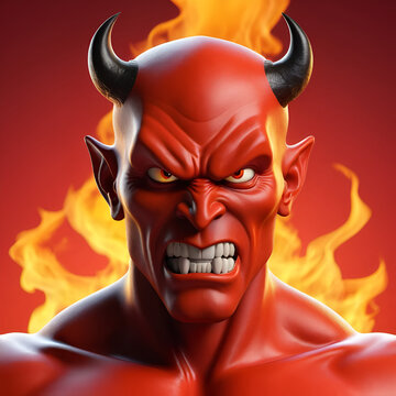 3D red devil character with fiery background and menacing expression.
