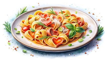Heart Shaped Pasta with Rosemary and Tomatoes on a Plate.