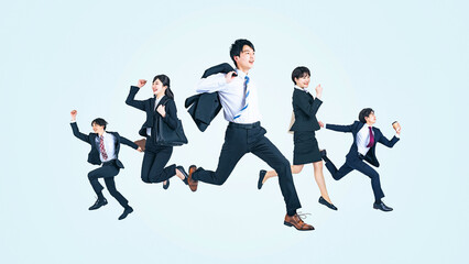 jump, businessperson, people, group, leap, growth, challenge, success, business, job hunting, career change, job hunt, job seeker, human resources, recruit, suit, energy, fly, dynamism, active, action