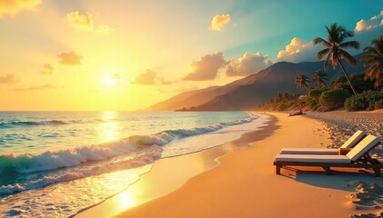 Sun-drenched beach scene evokes the carefree feeling of summer fame Golden hour light bathes the landscape, suggesting a glamorous, aspirational lifestyle , summer, holiday