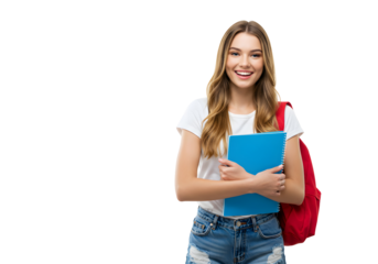 Smiling young student with books and backpack ready for school - A happy, bright, and youthful image