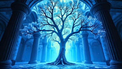 Blue glowing tree architectural art scene