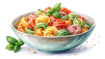 Light blue bowl filled with colorful fettuccine pasta and fresh basil leaves.