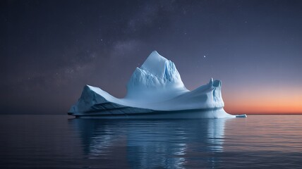 ajestic iceberg drifts quietly, illuminated by stars in midnight ocean.