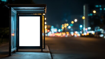 Blank advertising billboard stands ready at the bus stop in the city night attracting commuters