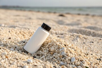 White sunscreen bottle resting on a sandy beach with ocean in background