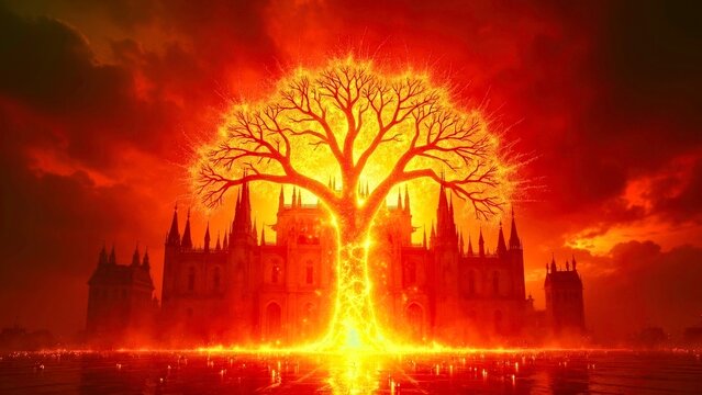 Red glowing tree architectural art scene