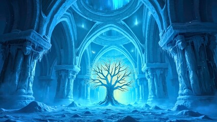 Blue glowing tree architectural art scene