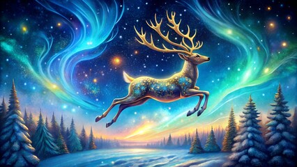 Reindeer Leaping Under Aurora Borealis in Snowy Forest.