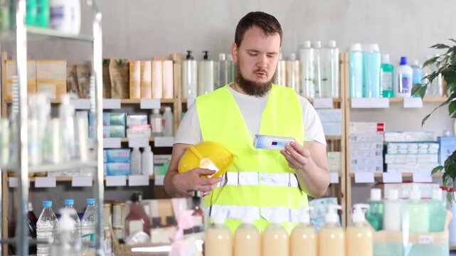 Male builder in yellow vest buys medicinal ointment at a pharmacy. High quality 4k footage