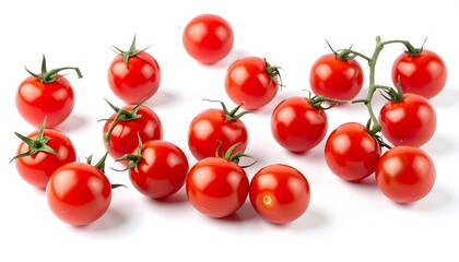 Fresh red cherry tomatoes scattered on white background