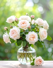 Delicate pastel roses in a clear vase