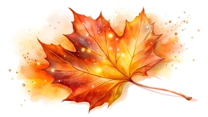 Watercolor painting of a vibrant autumn maple leaf with sparkling light effects.