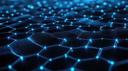 Obraz premium Abstract hexagonal network, glowing blue lines and points on dark background
