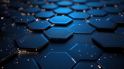 Obraz premium Close-up view of a dark blue hexagonal grid, with glowing particles