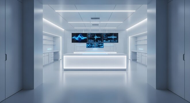 Futuristic laboratory reception desk glows with blue light, displaying data screens in a sterile, modern science facility.