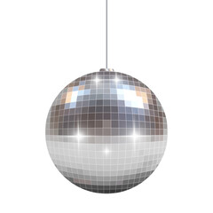 Shiny chrome or silver disco ball hangs and reflects light. Disco ball for disco, party. Holiday attribute. Vector illustration. Ideal for club posters, dance party invitations, and festive background