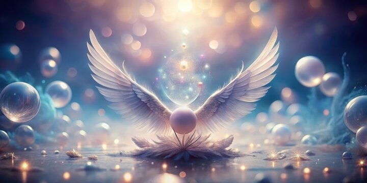 Serene Orb Nestled Among Sparkling Bubbles, Protected by Enveloping Angelic Wings, Illuminated by Ethereal Light