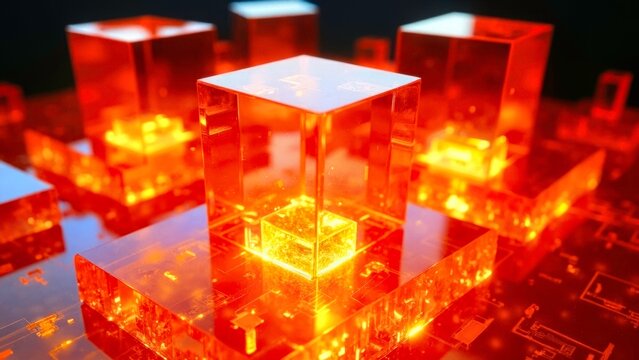 Orange glowing block technology art scene