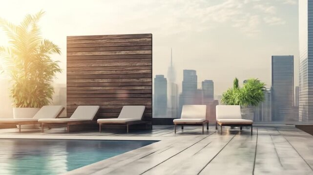 Modern rooftop pool area with lounge chairs, greenery, and city skyline in the background