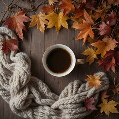 Flat lay of cozy autumn setup with cup of coffee, woolen scarf, and dry maple leaves on wooden table, warm seasonal concept stock photo