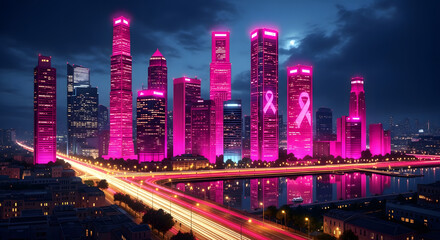 Fototapeta premium City skyline with pink lit skyscrapers, including a pink ribbon on one building, at night to support Breast Cancer Awareness Month.