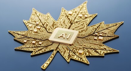 Artificial intelligence technology, represented by a golden maple leaf circuit board with an intricate central microchip, on a clean blue background