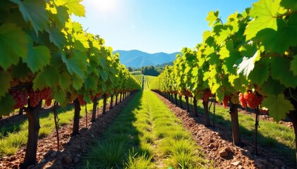 Naklejka premium Sun-Drenched Vineyard Harvest Workers Carefully Gather Ripe Grapes for Winemaking Under a Clear Blue Sky. Rows of Plump, Juicy Fruit Stretch to the Horizon, Creating a Perfect Harvest Scene.