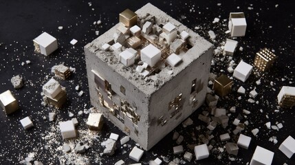 Abstract concrete cube, fragmented and scattered with white and gold cubes