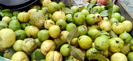 Fresh Ripe Guavas with Leaves Displayed at Local Market