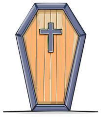 Obraz premium Cartoon illustration of a coffin with a cross in a simple vector graphic