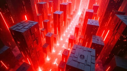 Red glowing block technology art scene