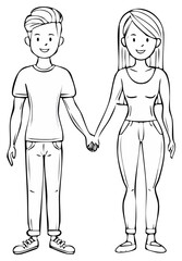 A smiling young couple holding hands. Black and white line art illustration of a man and woman in a relationship.