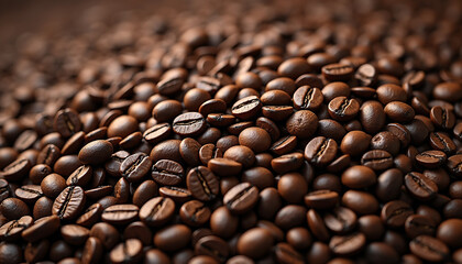 Close up of roasted coffee beans with shallow depth of field